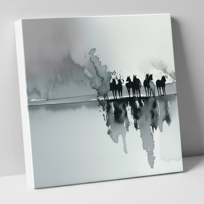 Monochrome Mist Herd wild horses canvas wall art