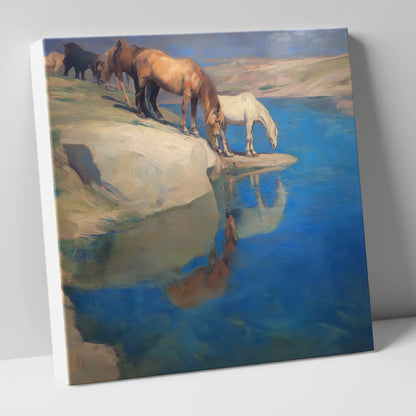 The Azure Watering Hole wild horses canvas wall art