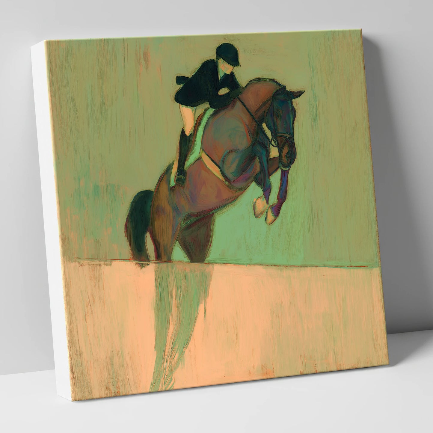Suspension in Sage show jumping horse canvas wall art