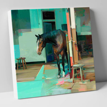 Quiet Yard in Teal horse stable canvas wall art