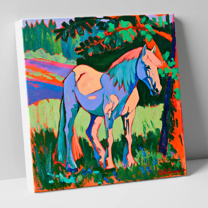 Vibrant Blue Horse Under Tree horse breed canvas wall art