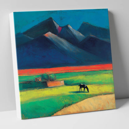 Grazing Beneath Indigo Peaks horse landscape canvas wall art