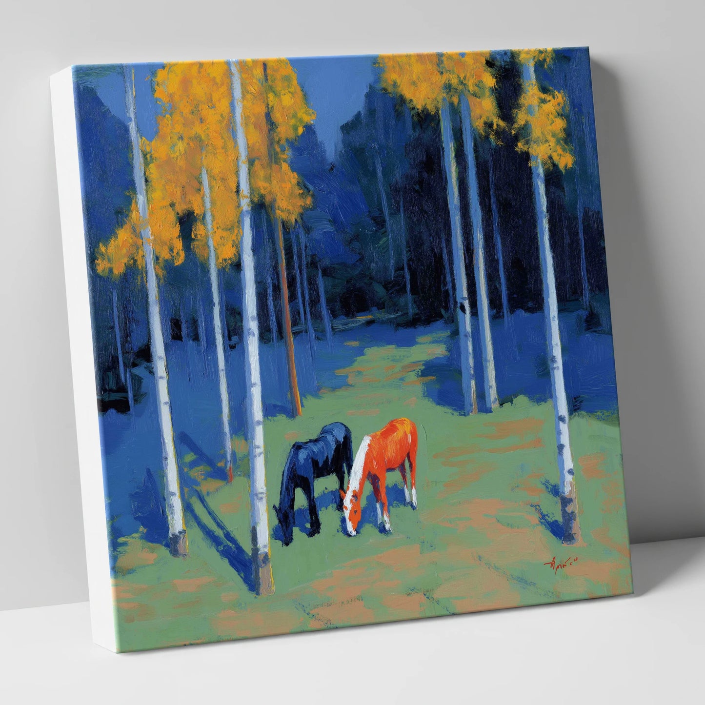 Birch Grove Grazing horse landscape canvas wall art