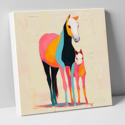 Vibrant Painted Bond mare & foal canvas wall art