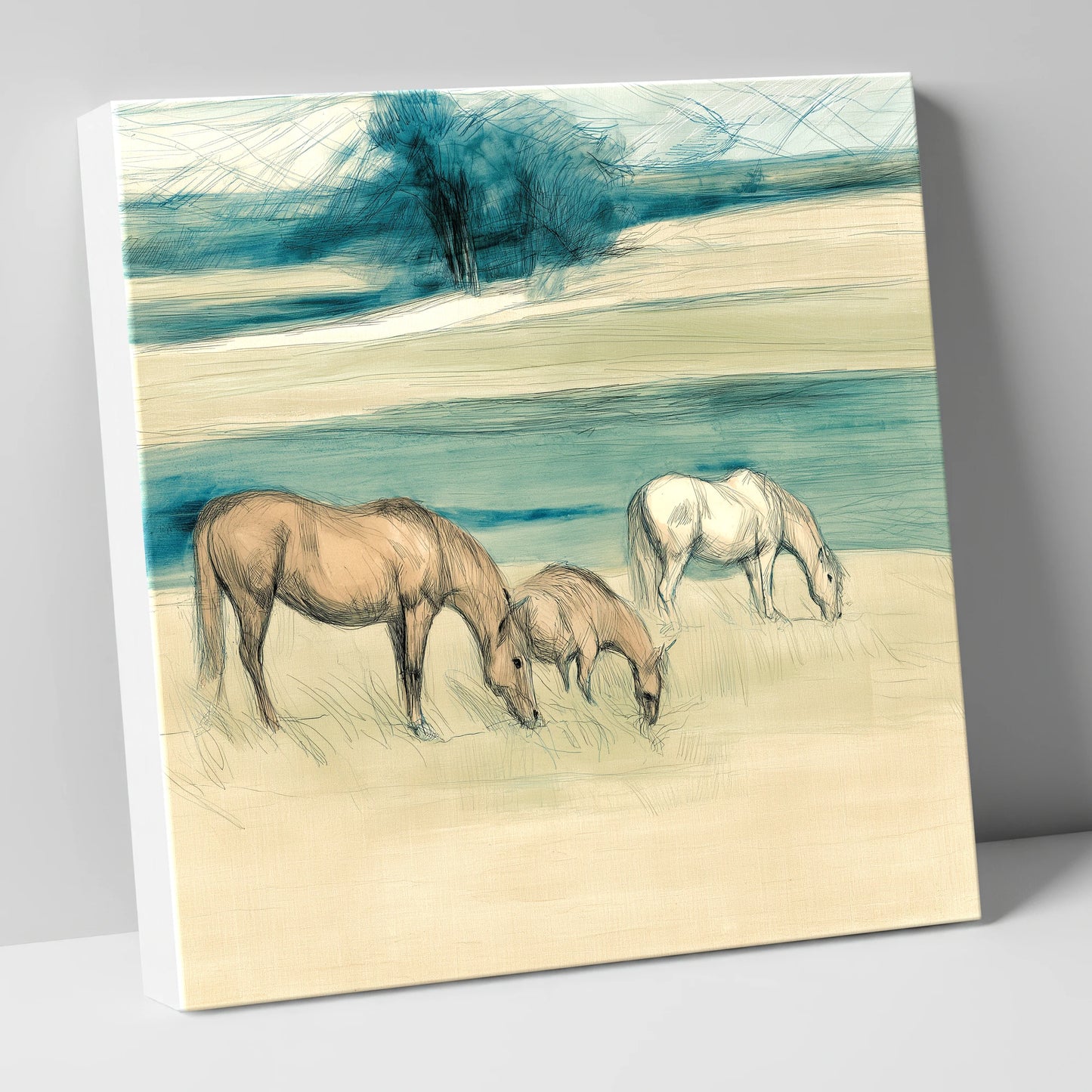 Tranquil Teal Pastures mare & foal canvas wall art