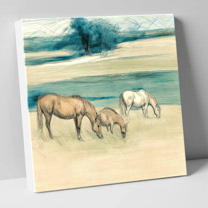 Tranquil Teal Pastures mare & foal canvas wall art
