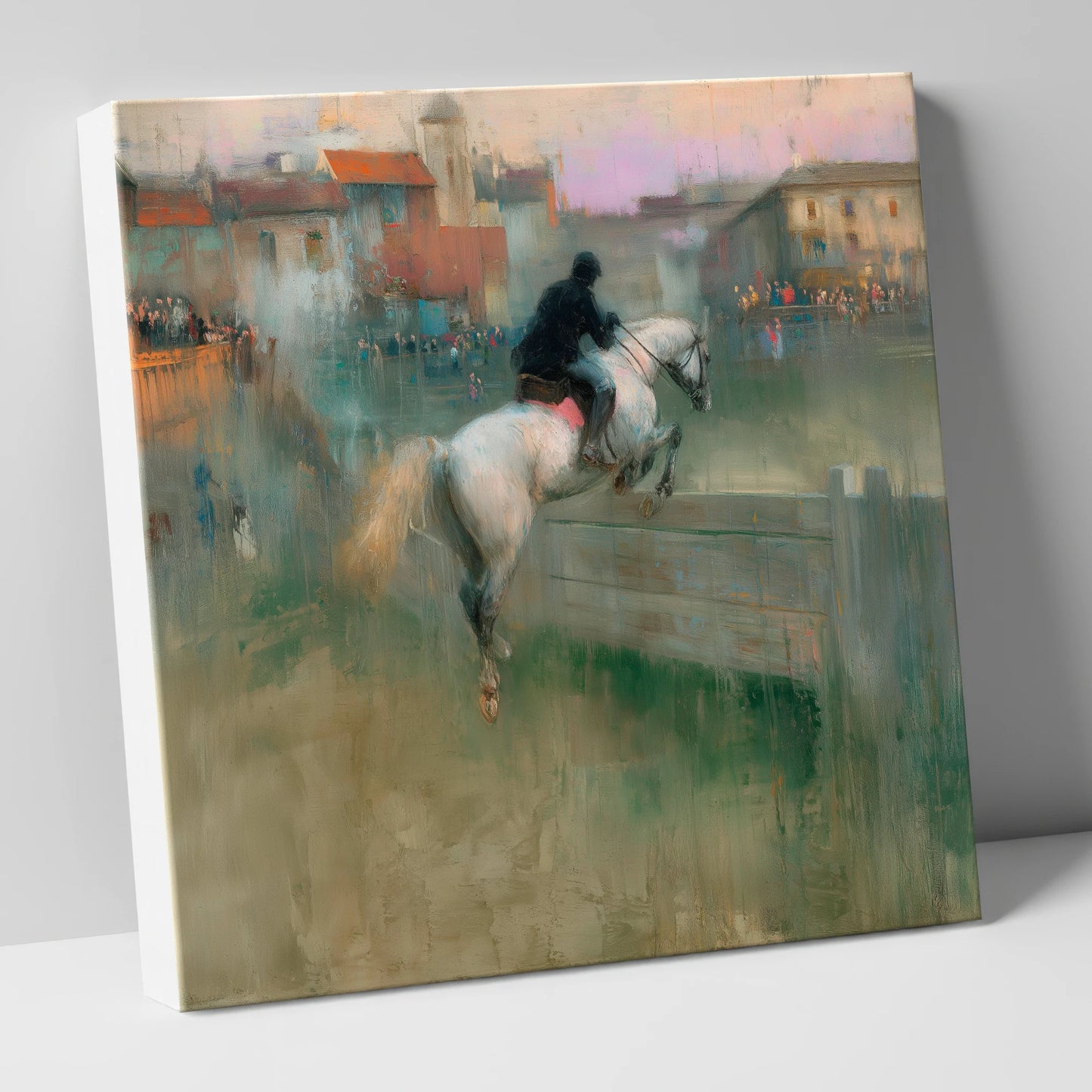 Over the Village Timber show jumping horse canvas wall art