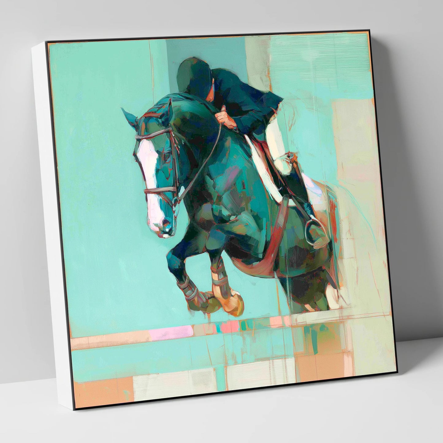 Suspended in Teal show jumping horse canvas wall art