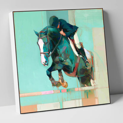 Suspended in Teal show jumping horse canvas wall art