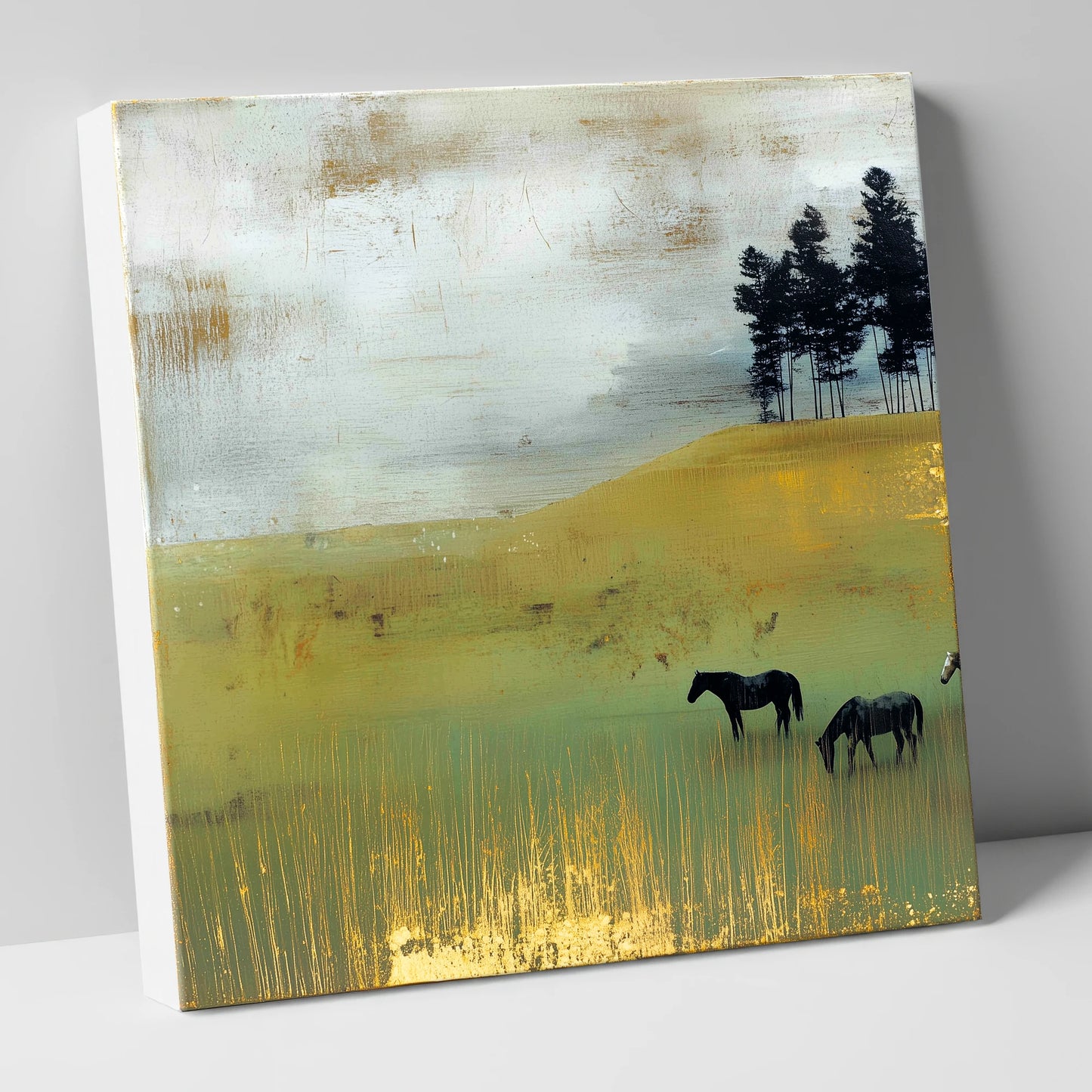 Gilded Grazing wild horses canvas wall art