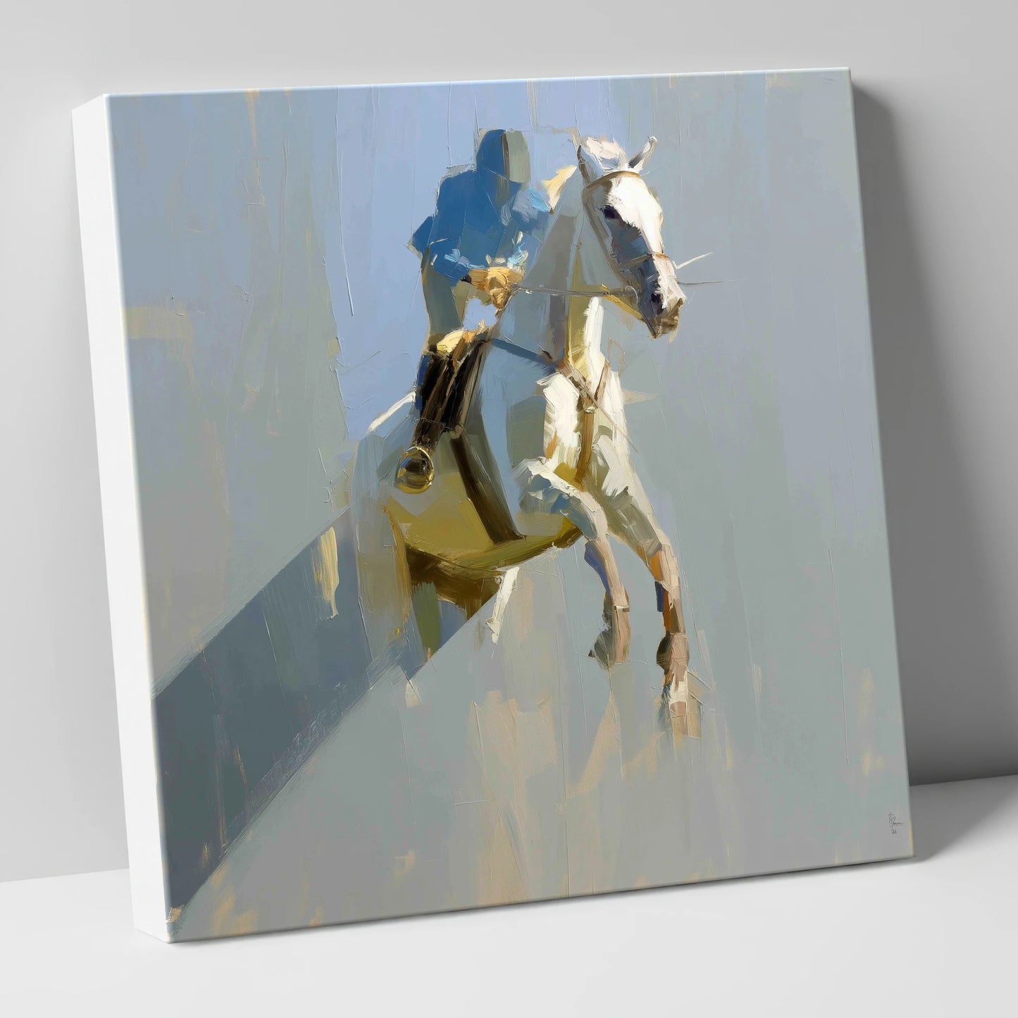 Suspended in Blue show jumping horse canvas wall art