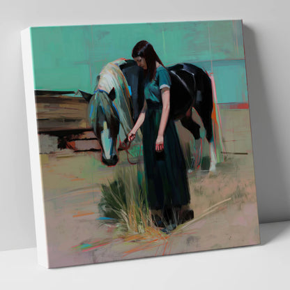Stillness in Teal horse & rider canvas wall art