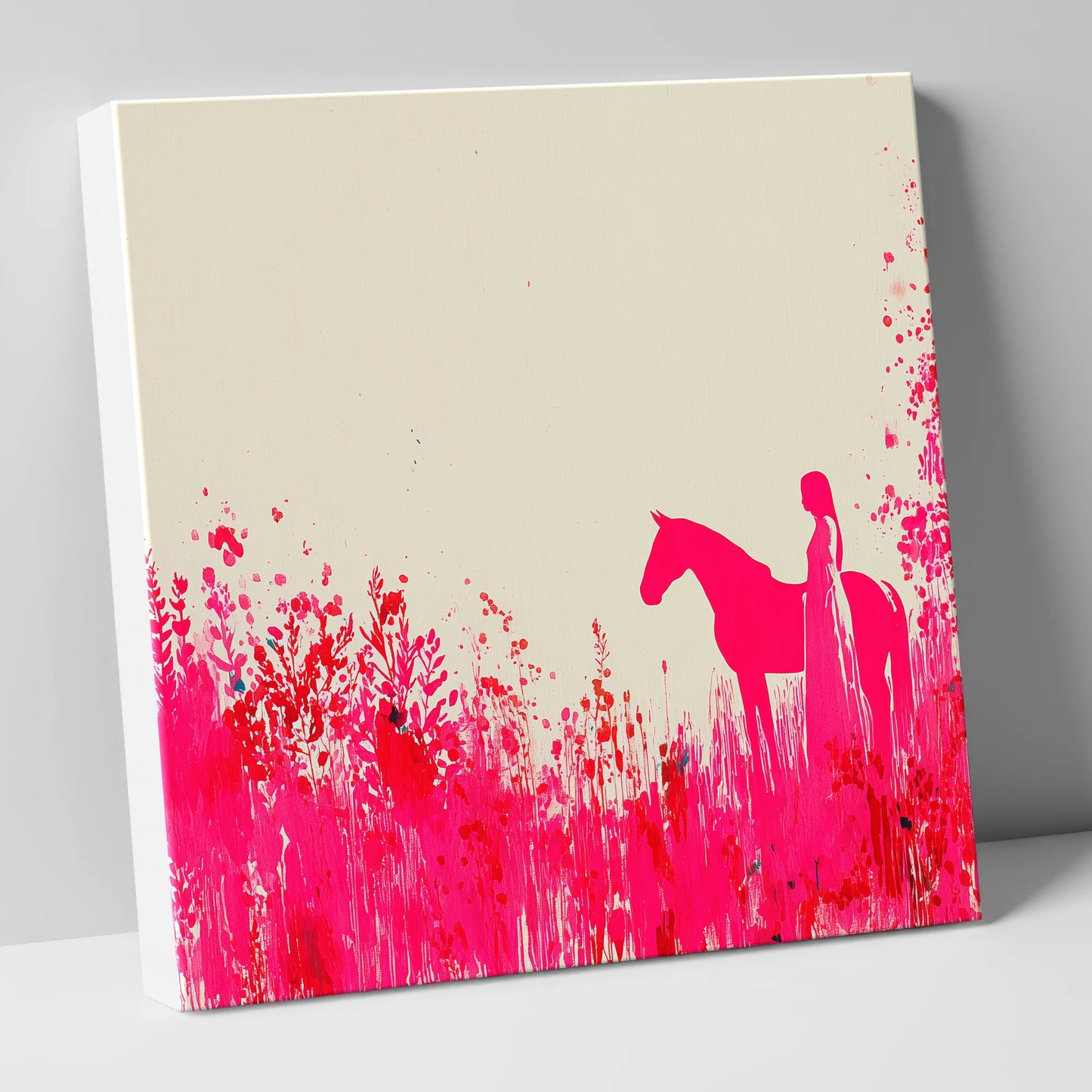 Vibrant Magenta Silhouette horse & rider canvas wall art
