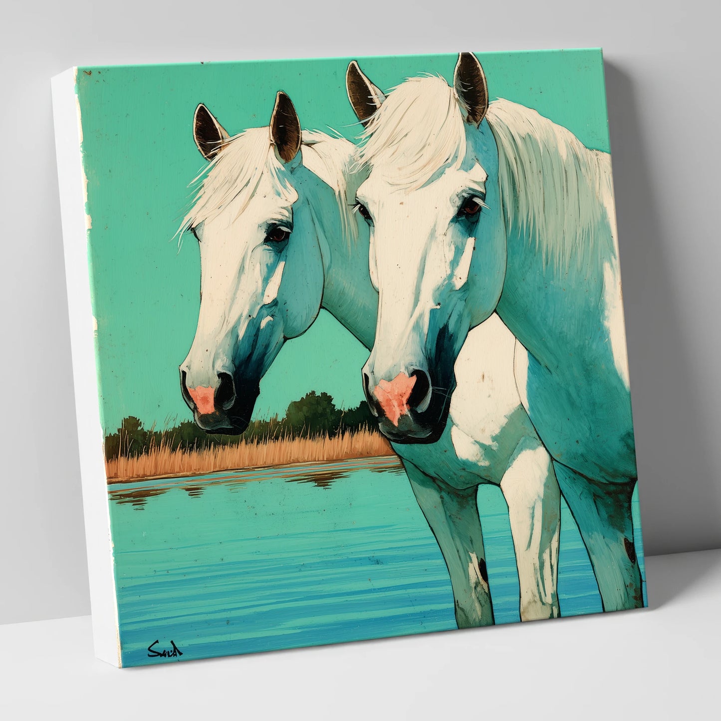 Companions in Teal Waters horse landscape canvas wall art