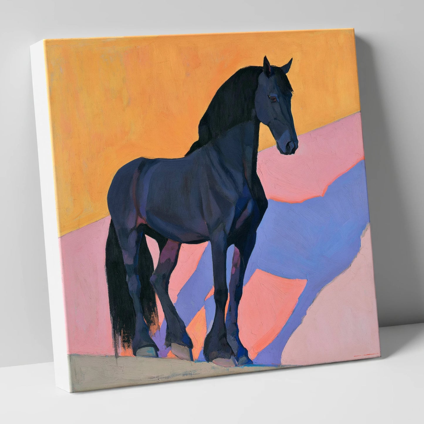 Black Friesian On Vibrant Orange horse breed canvas wall art