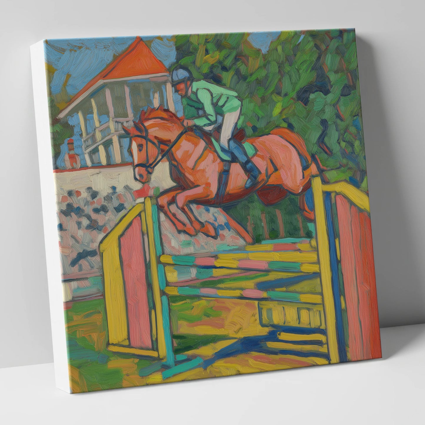 Clearing the Colours show jumping horse canvas wall art