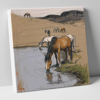 Quiet at the Waterhole wild horses canvas wall art