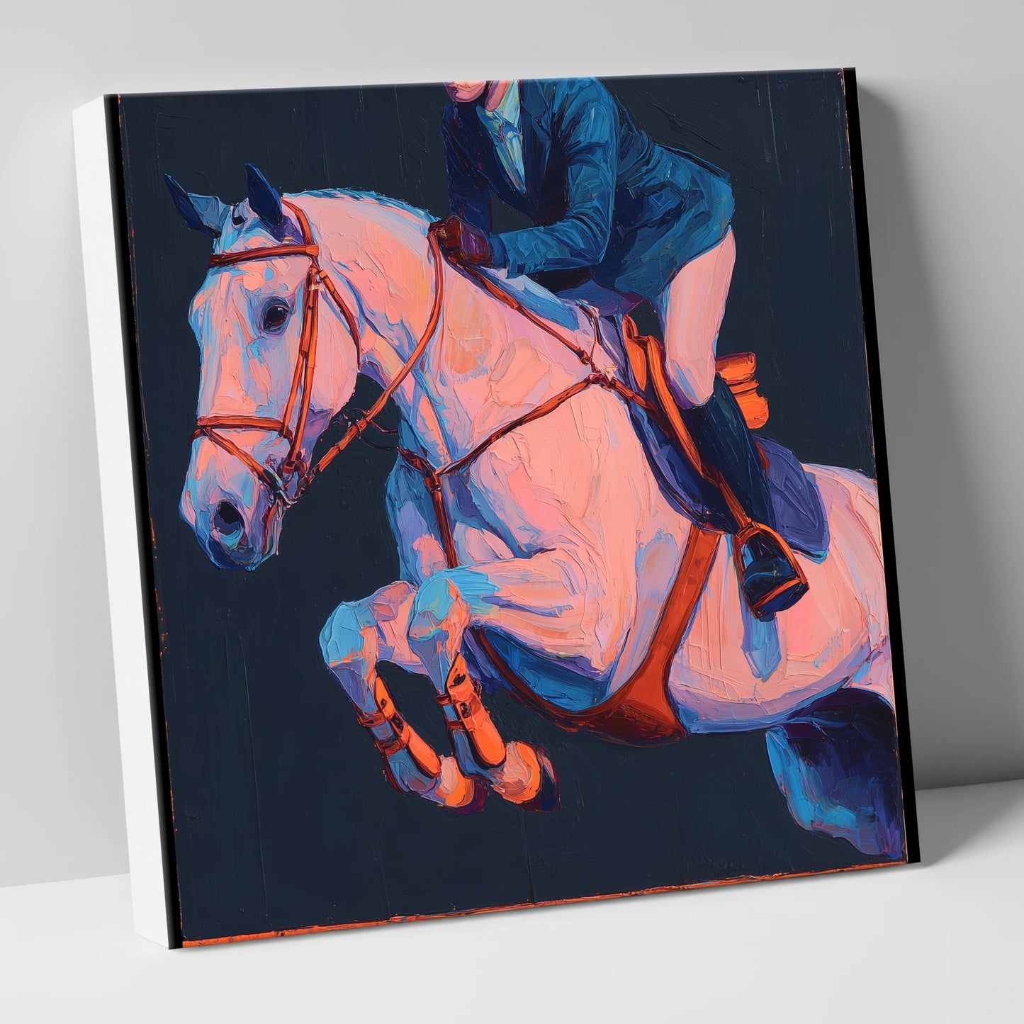 Vibrant Indigo Flight show jumping horse canvas wall art
