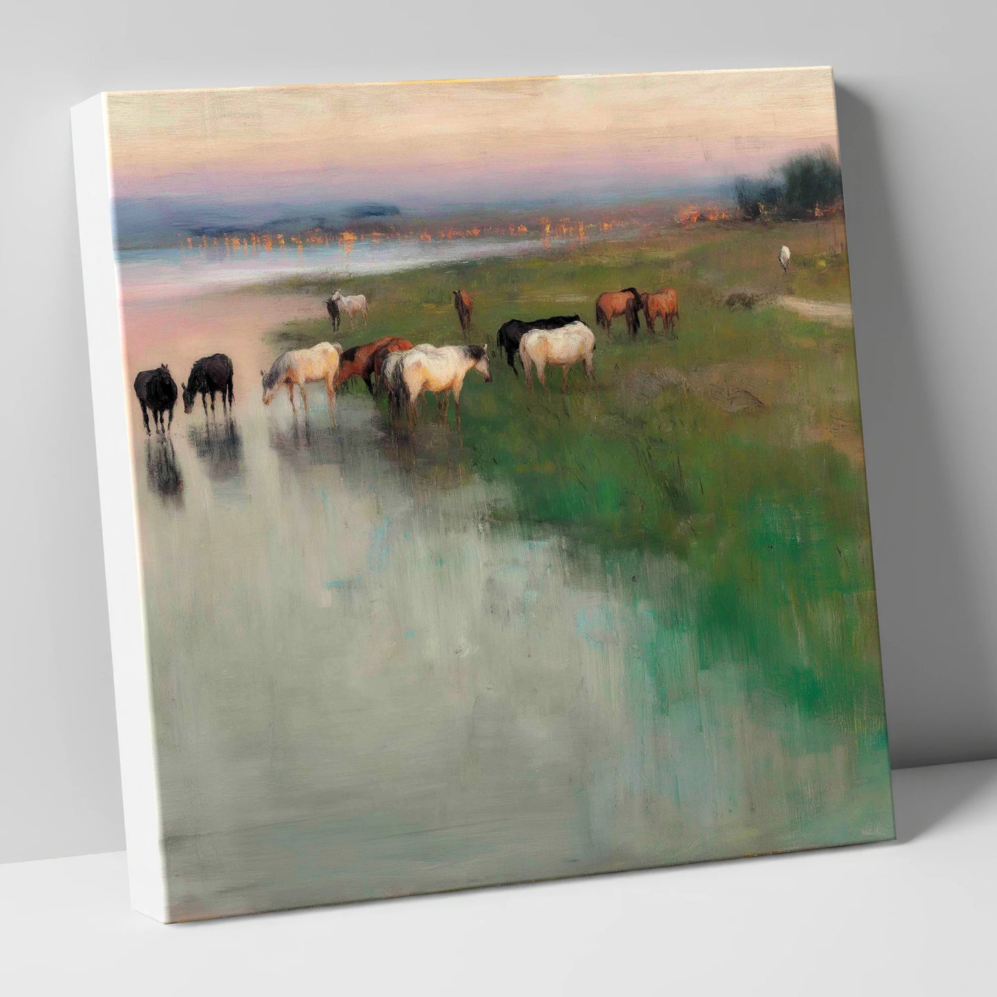 Misty Waterside Herd wild horses canvas wall art