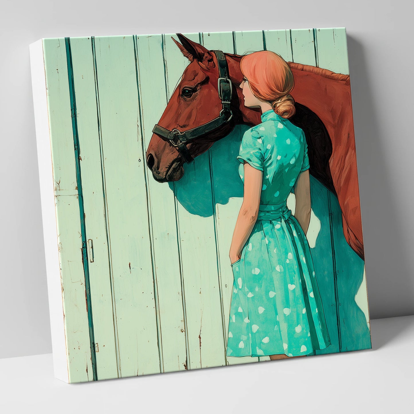 Shadows in Mint and Chestnut horse & rider canvas wall art