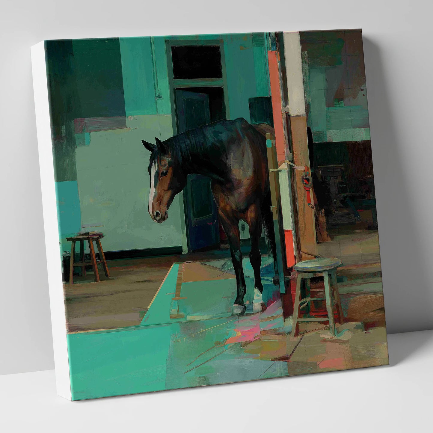 Quiet Yard in Teal horse stable canvas wall art