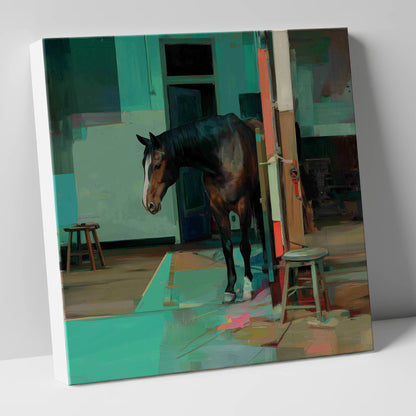 Quiet Yard in Teal horse stable canvas wall art