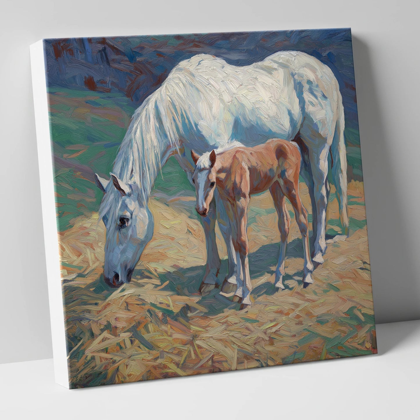 Sunlit Grey and Foal mare & foal canvas wall art