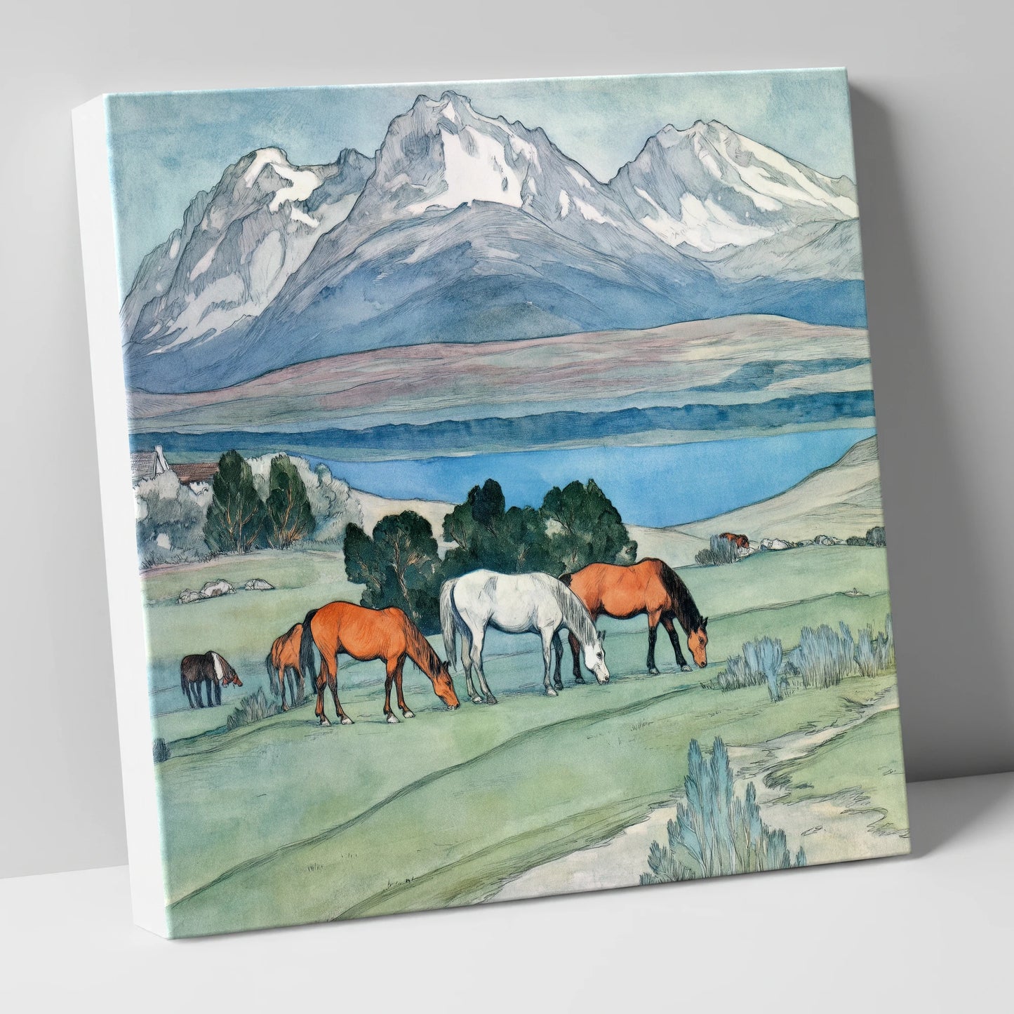 Alpine Lake Pastures horse landscape canvas wall art
