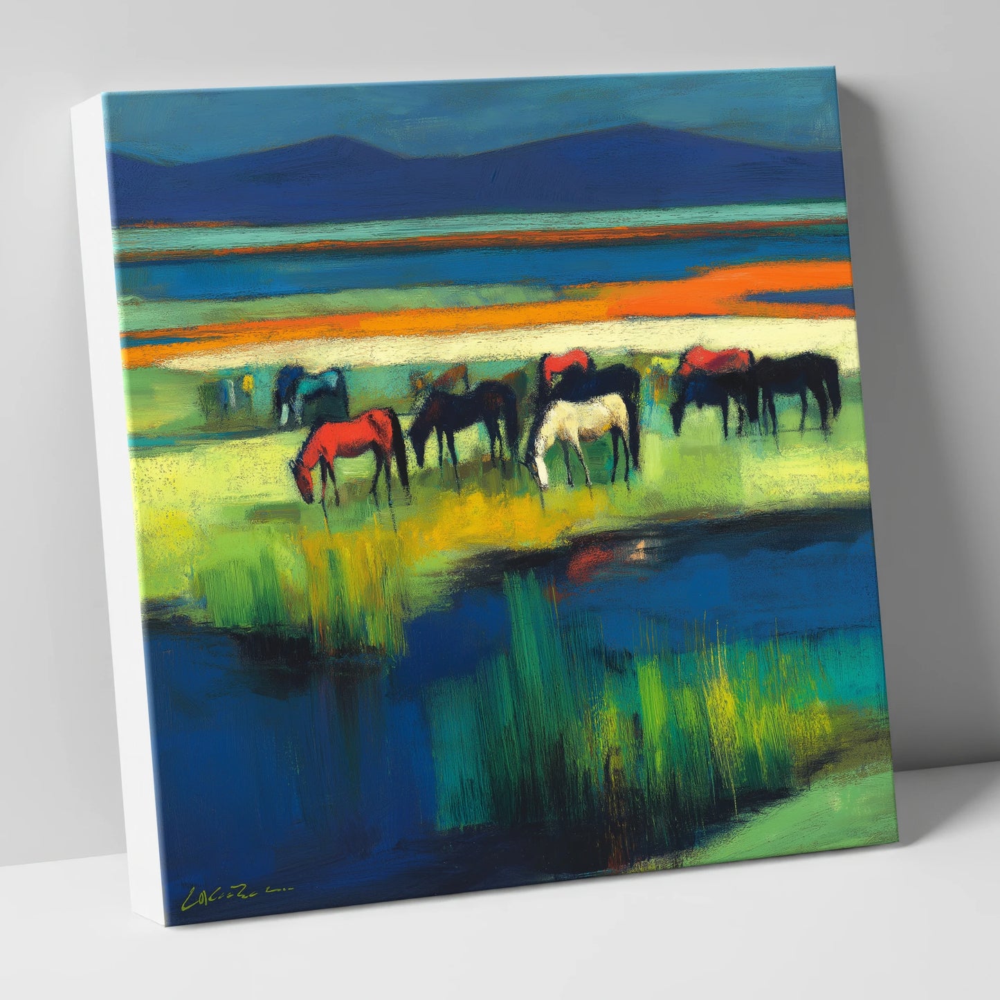 Vibrant Grazing Herd wild horses canvas wall art