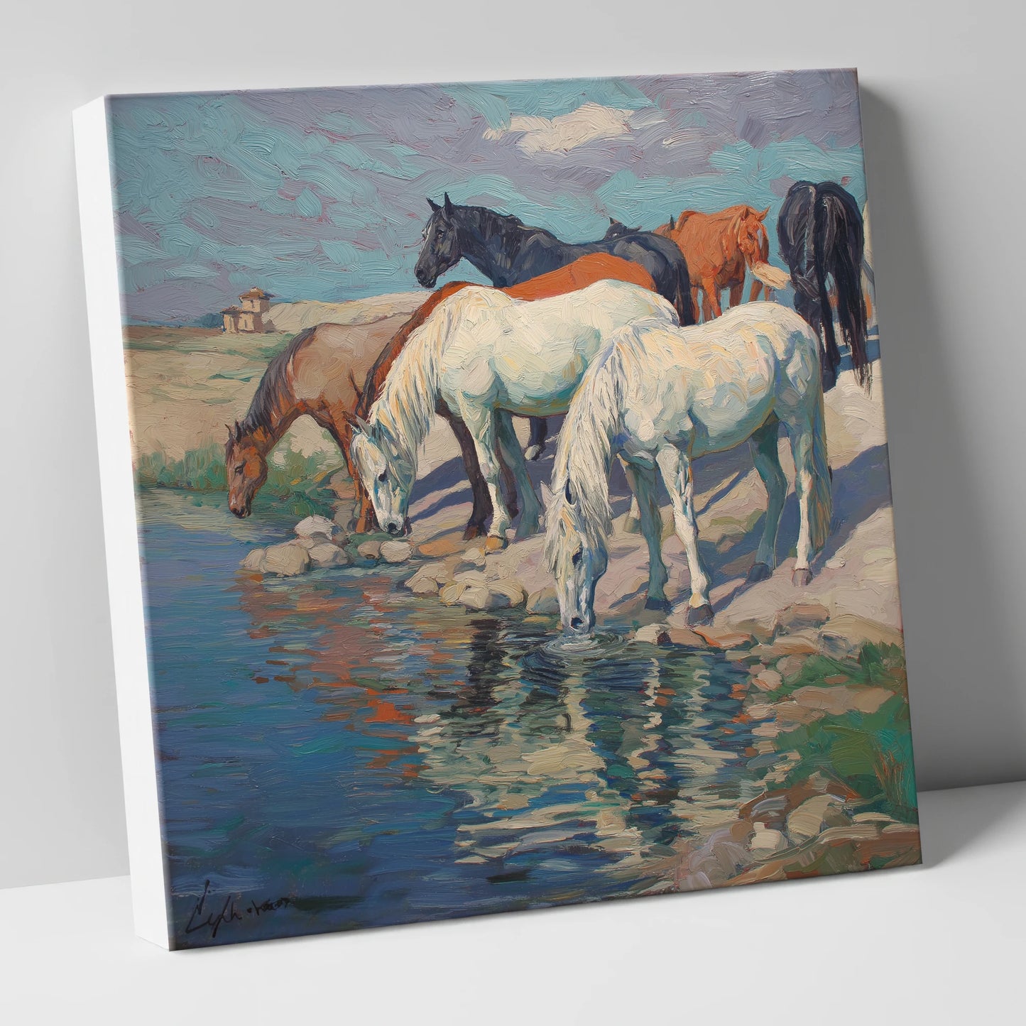 The Watering Hole wild horses canvas wall art