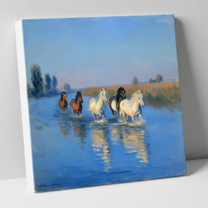 Through the Cerulean Shallows wild horses canvas wall art