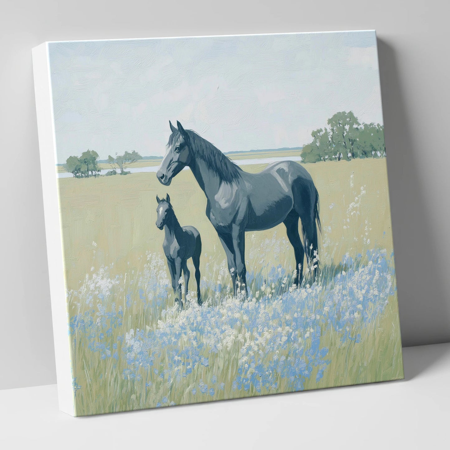 Slate Grey Summer Pasture mare & foal canvas wall art
