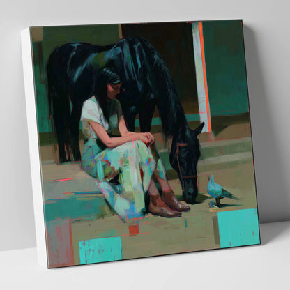 Stillness in the Yard horse & rider canvas wall art