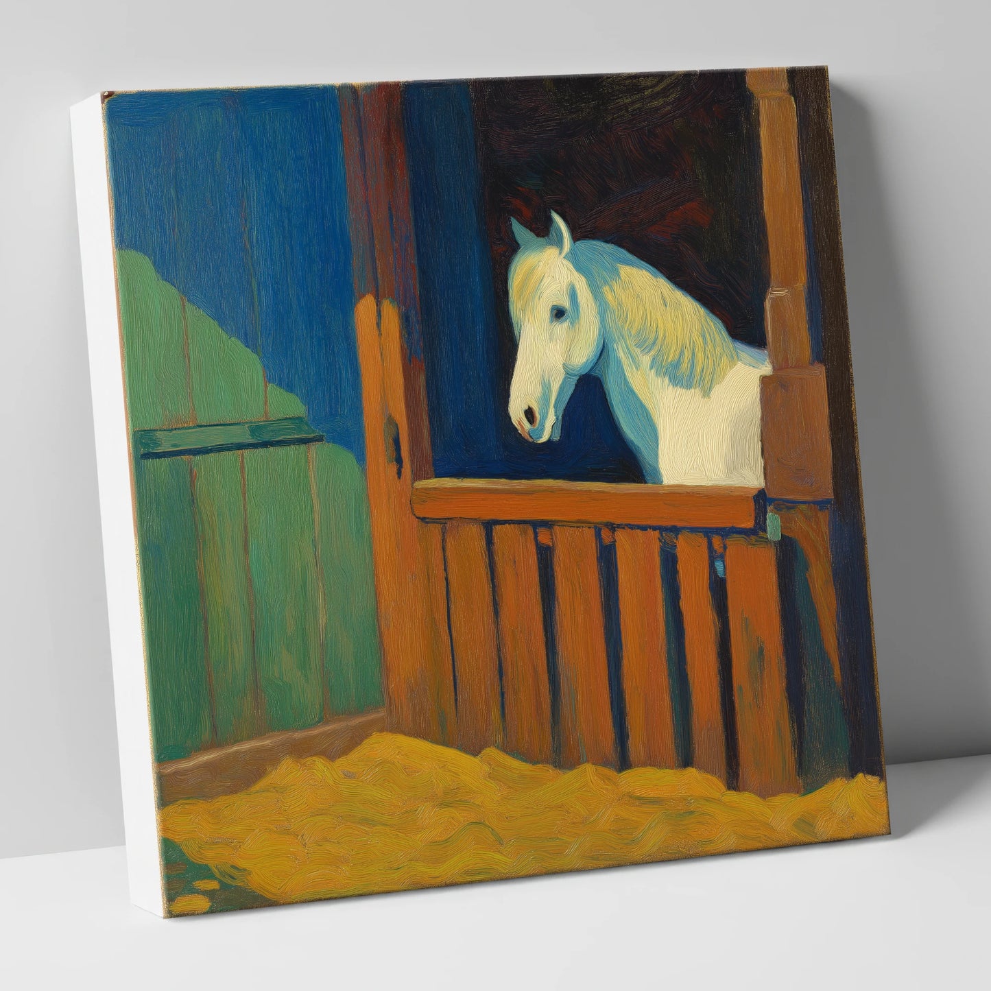 The Blue Shadowed Grey horse stable canvas wall art