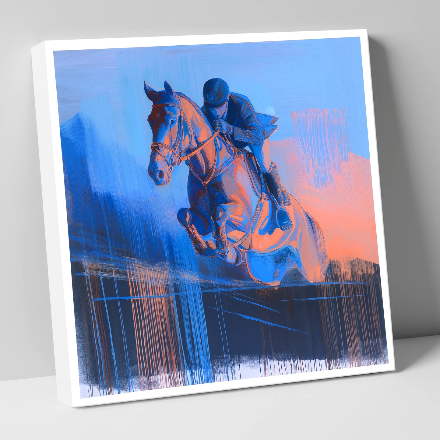 Suspended in Cobalt show jumping horse canvas wall art
