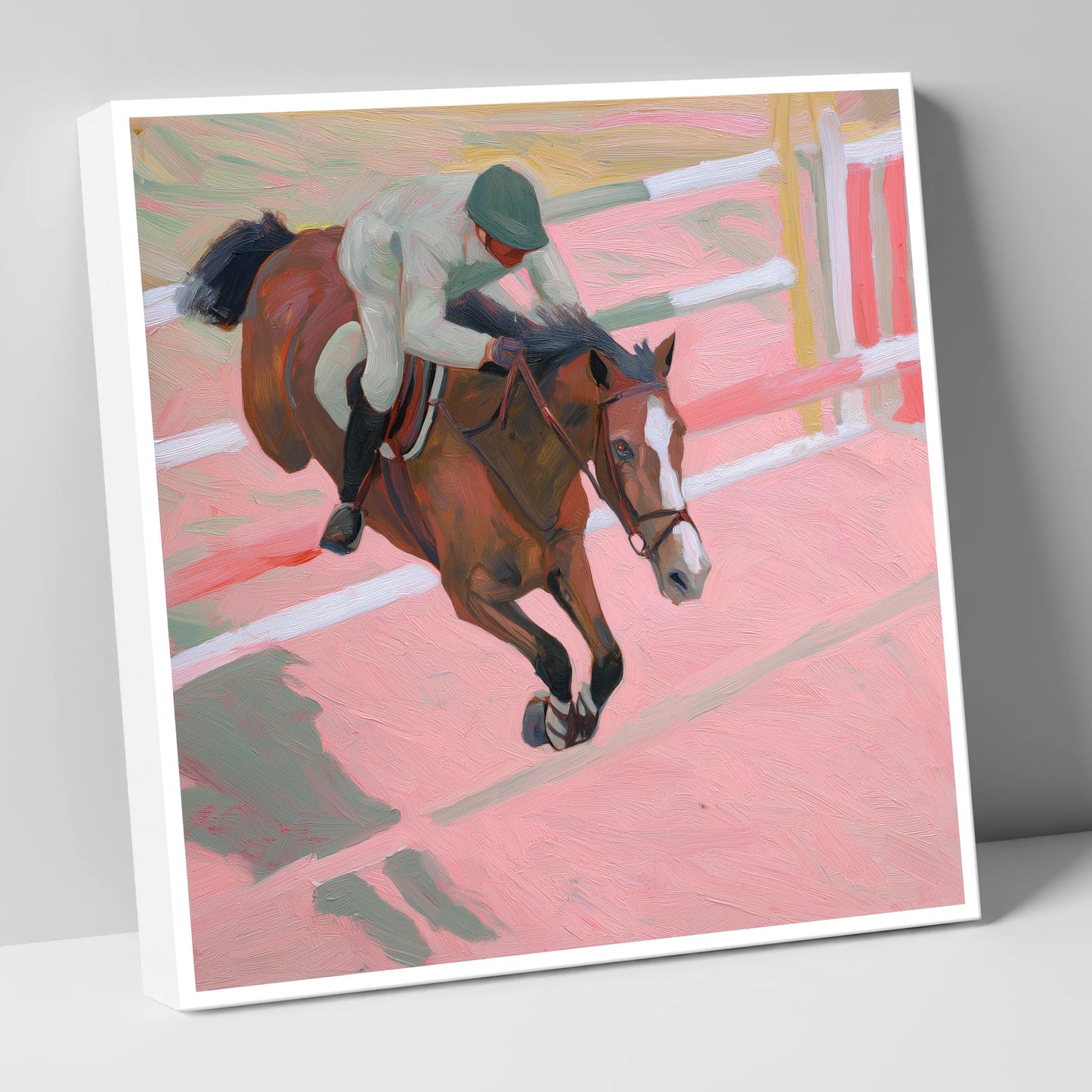 Suspended in Pink show jumping horse canvas wall art