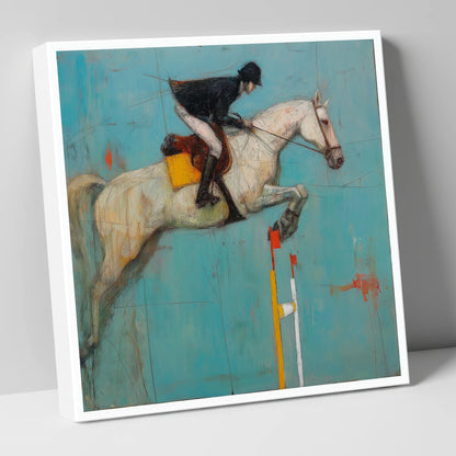Airborne Over Teal show jumping horse canvas wall art