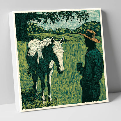Morning Field Companion horse & rider canvas wall art