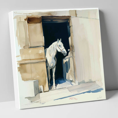 The Quiet Grey horse stable canvas wall art