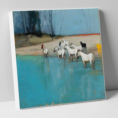 Wading in Teal Shallows wild horses canvas wall art