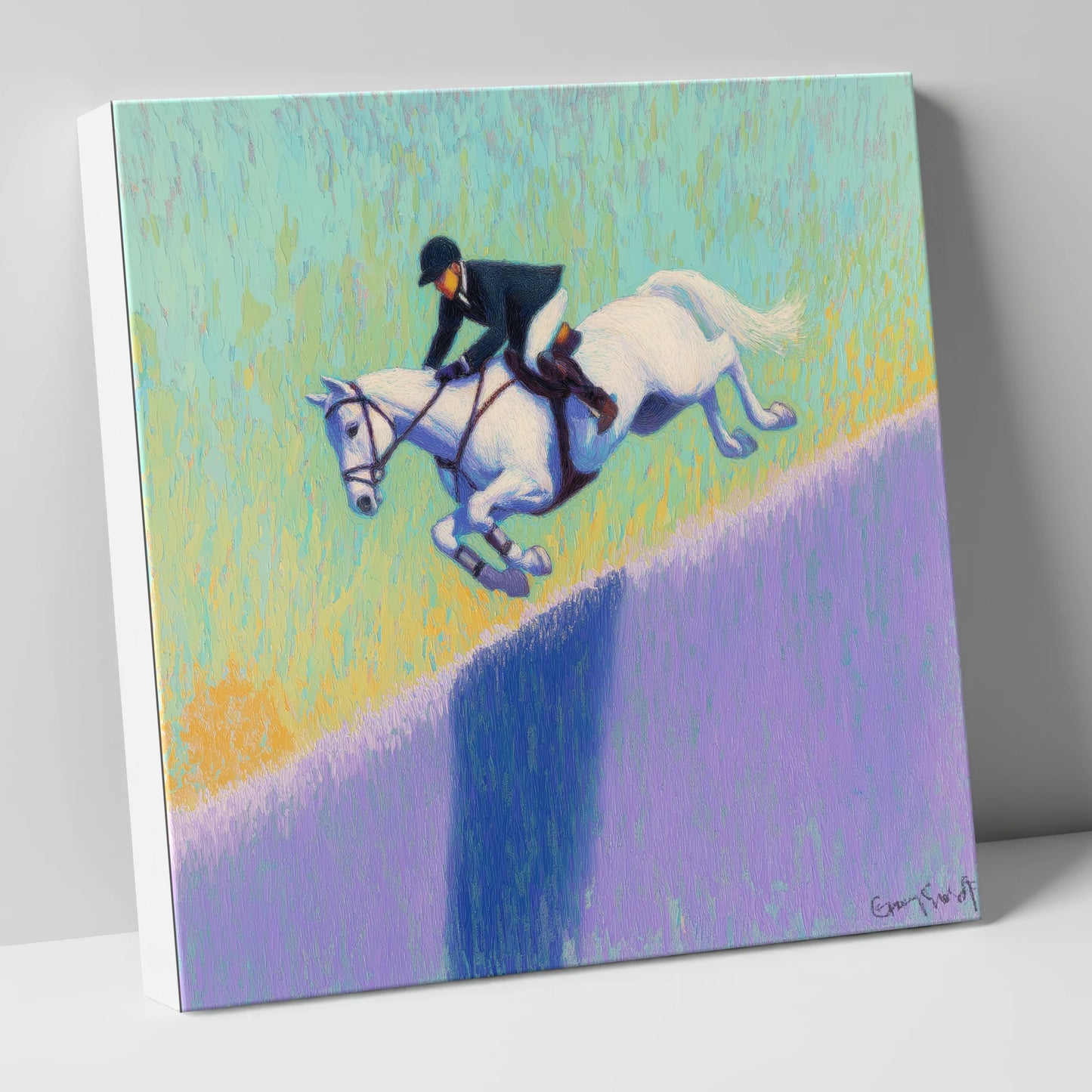 Flight Over Lavender show jumping horse canvas wall art