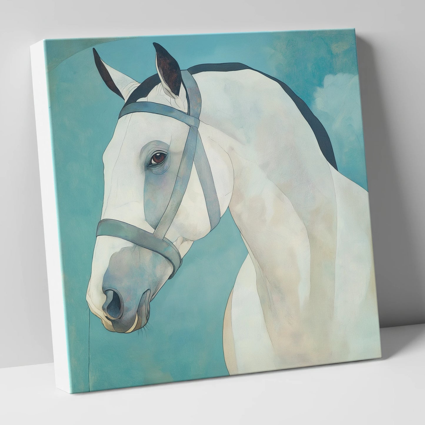 Serene Focus in Teal horse portrait canvas wall art