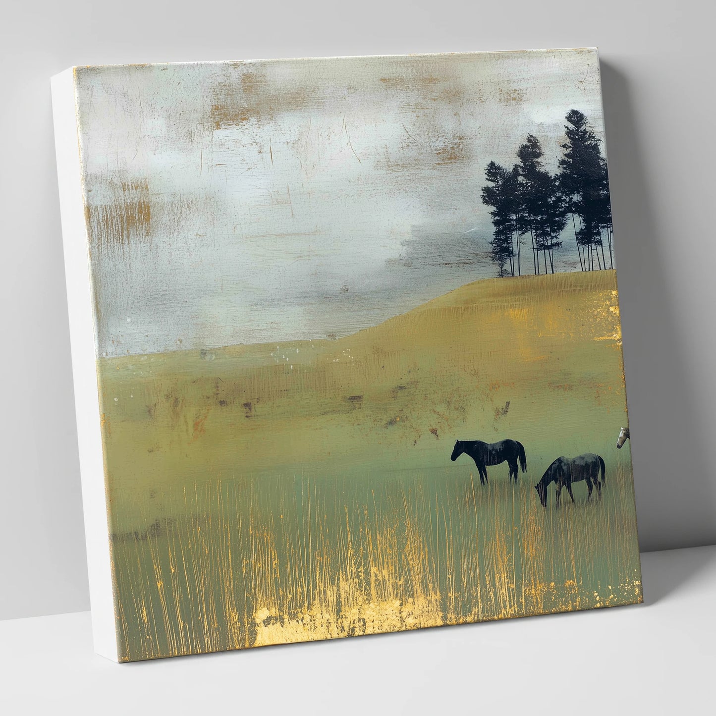 Gilded Grazing wild horses canvas wall art