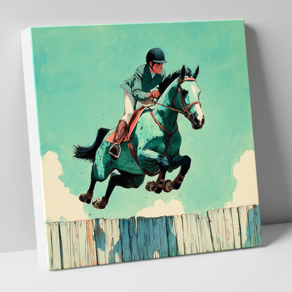 Teal Airborne Leap show jumping horse canvas wall art