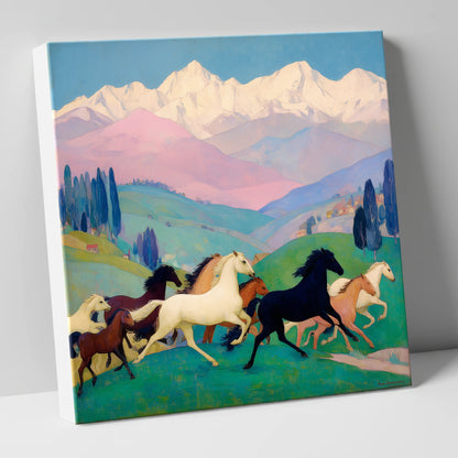 Vibrant Alpine Herd horse landscape canvas wall art