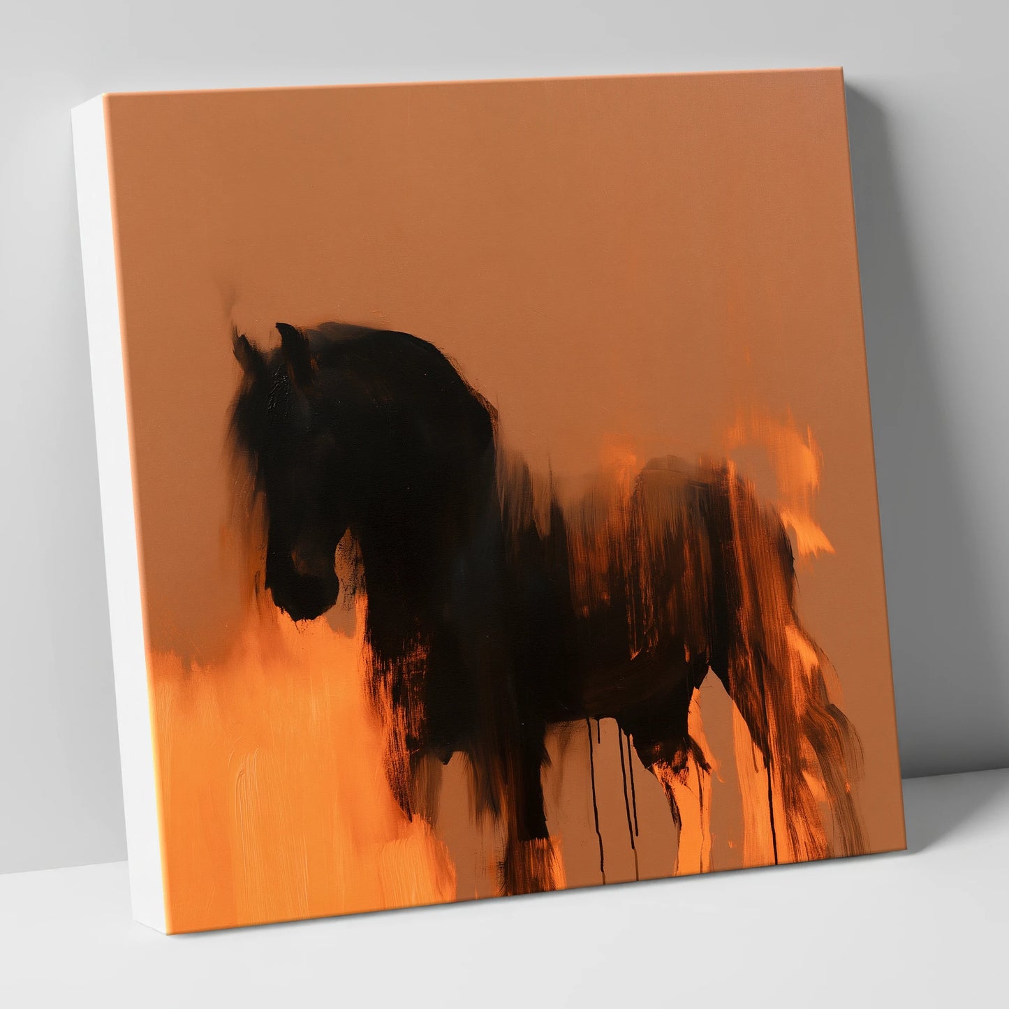 Black Friesian In Burnt Orange horse breed canvas wall art