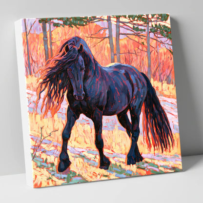 Vibrant Friesian in Sunset Woodland horse breed canvas wall art
