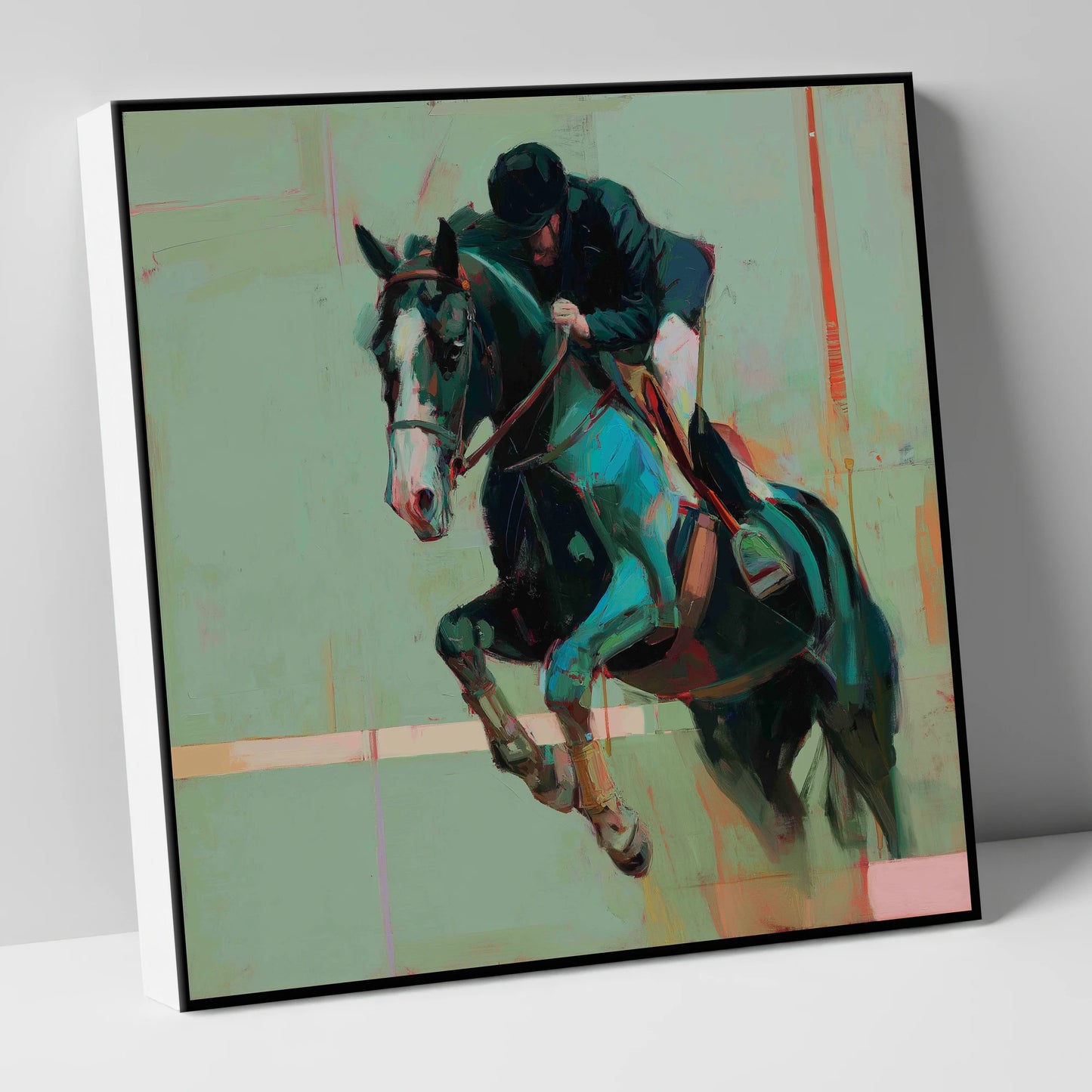 Airborne in Teal show jumping horse canvas wall art