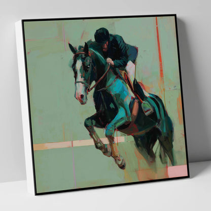 Airborne in Teal show jumping horse canvas wall art