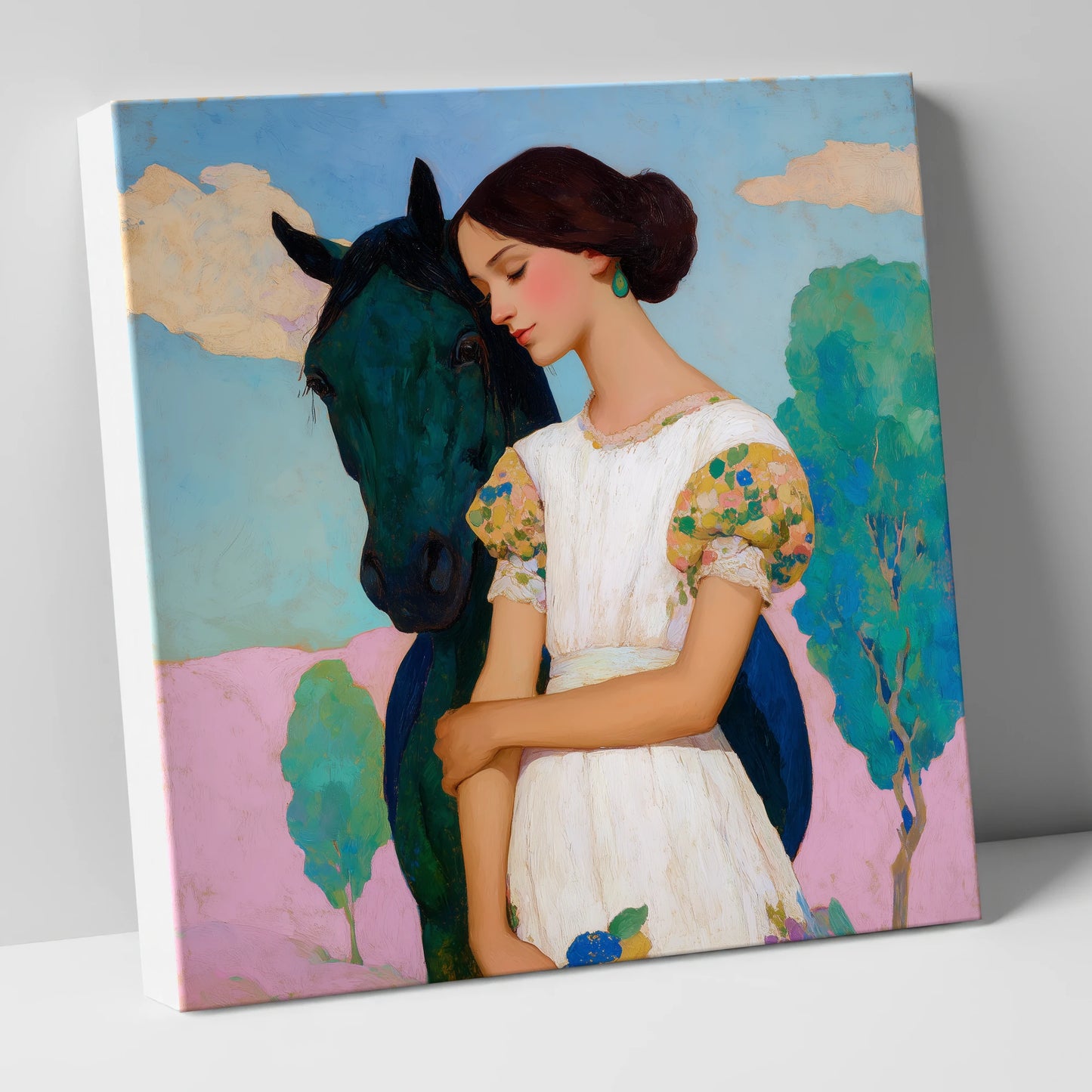 Quiet Colourful Bond horse & rider canvas wall art